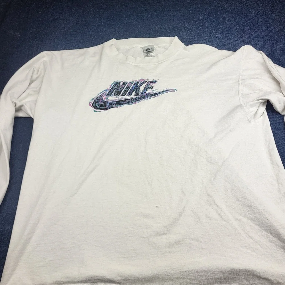 Vintage Nike Silver Tag Long Sleeve Graphic T-Shirt White Large Made in USA 90s - Picture 1 of 10